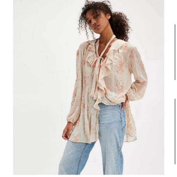 Free People Dreamland cream peach pink Floral button down sheer top size Small - Picture 1 of 5